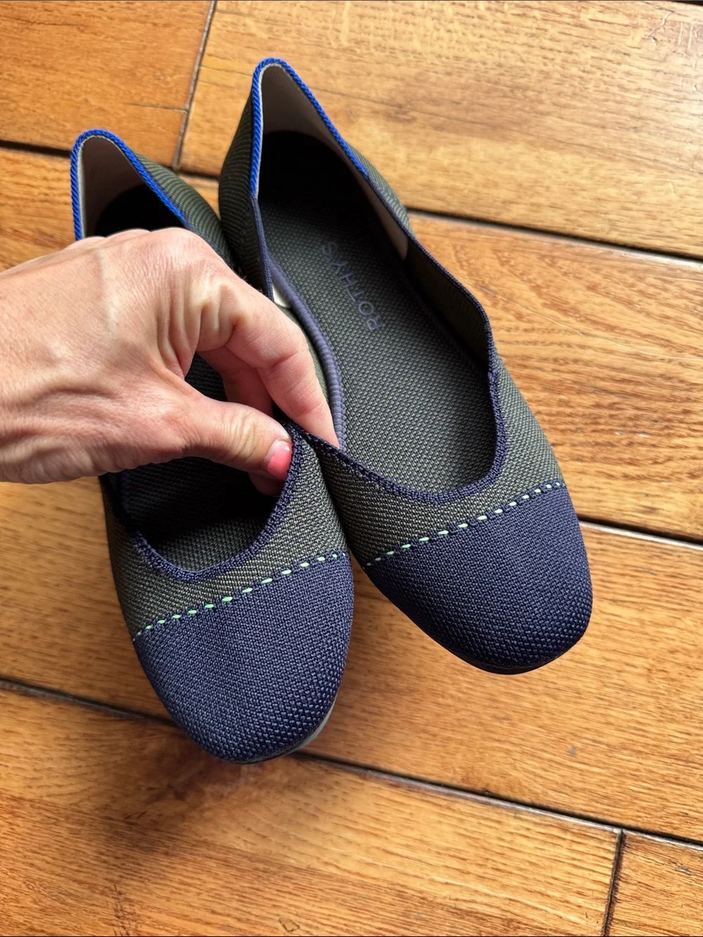 Rothy's The Square Highland Captoe Olive Navy Sz 7.5 Knit Ballet Flat Loafers